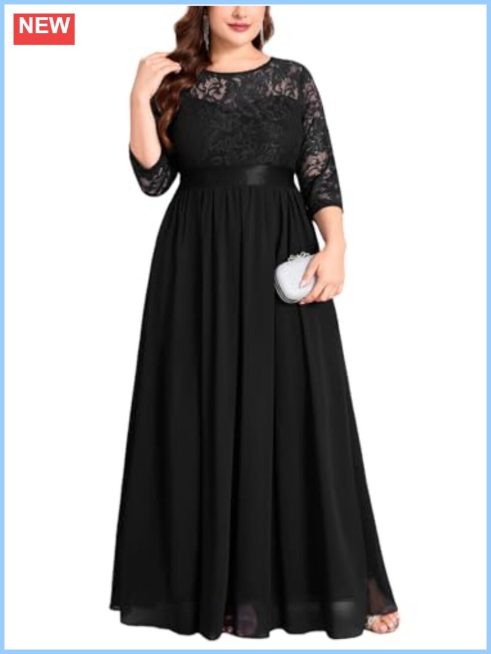 Plus Size Lace Chiffon Maxi Formal Dress 3/4 Sleeve A-Line Evening Gown